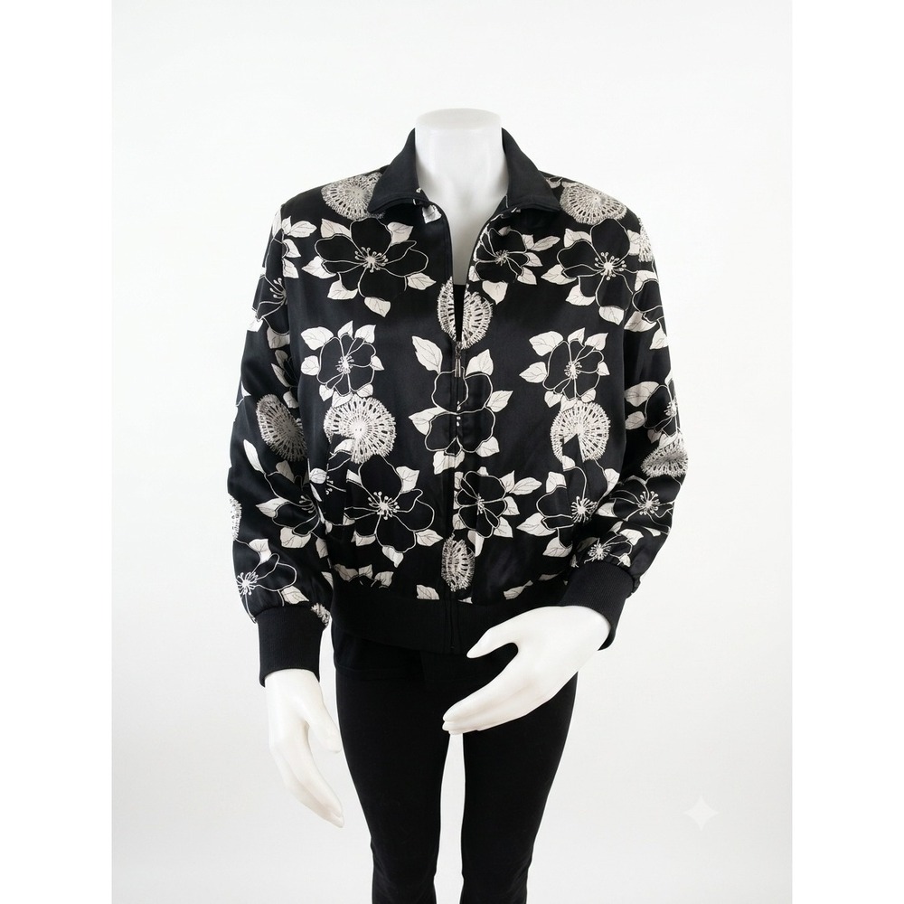Vintage Notations Silk Floral Bomber Jacket Black White Size Petite Large